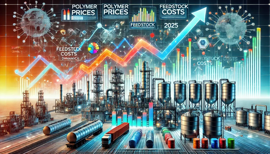 A visually striking representation of the polymer and polyolefin market trends in 2025. The image should feature industrial scenes of chemical plants